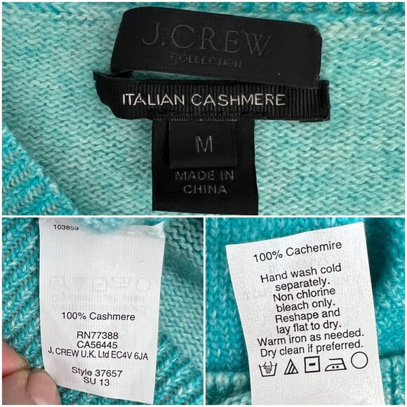 Sz M- J. Crew Italian Cashmere V-Neck 3/4 Sleeve Turquoise Slim Fit Knit Sweater - Picture 9 of 10